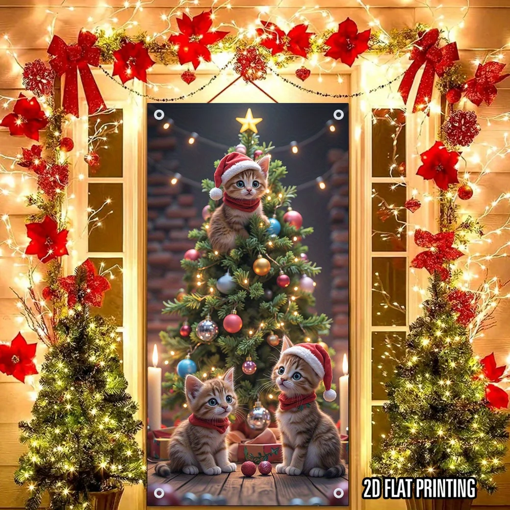 Weihnachtstür-Banner für Katzen – ein süßes Kätzchen mit Weihnachtsmütze, eine Schneeszene mit Lichtern und Dekorationen, ein Geschenk für Katzenliebhaber