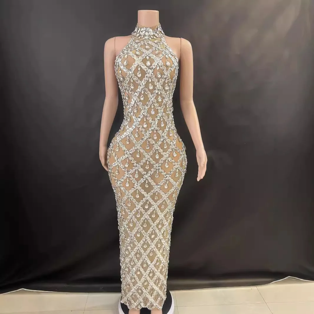 

Европейское и американское платье со сверкающими стразами и высоким воротом без рукавов, сексуальное сетчатое прозрачное клетчатое вечернее платье с вырезами