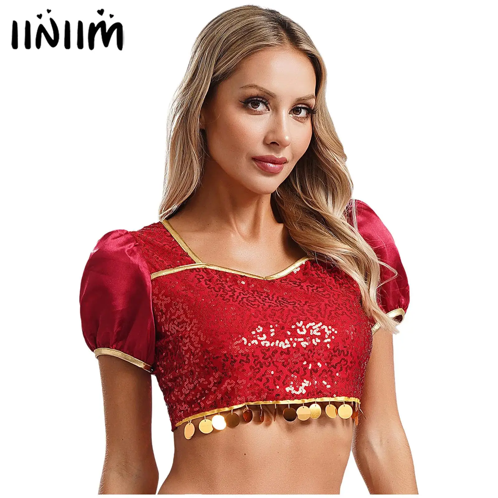 Womens Indian Belly Dance Costume Square Neck Puff Sleeve Sequins Circle Tassels Belly Dance Crop Top Dance Performance Costume