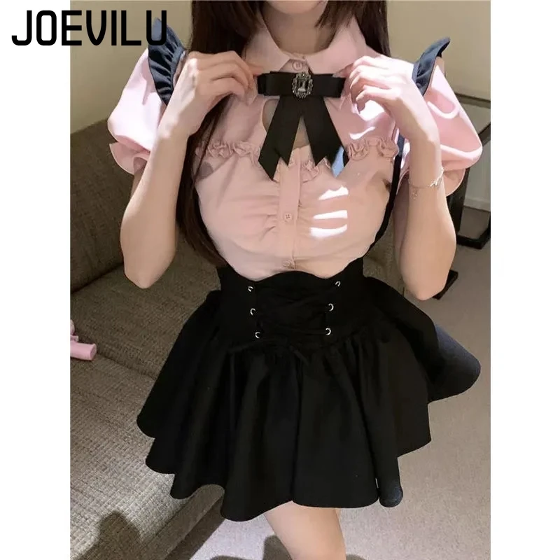 Japanese Strap Skirt Set Lovely Fly Sleeved Shirt with Bow Tie Bandage Black Mini Skirts 2 Piece Sets Babes Kawaii Y2k Outifits