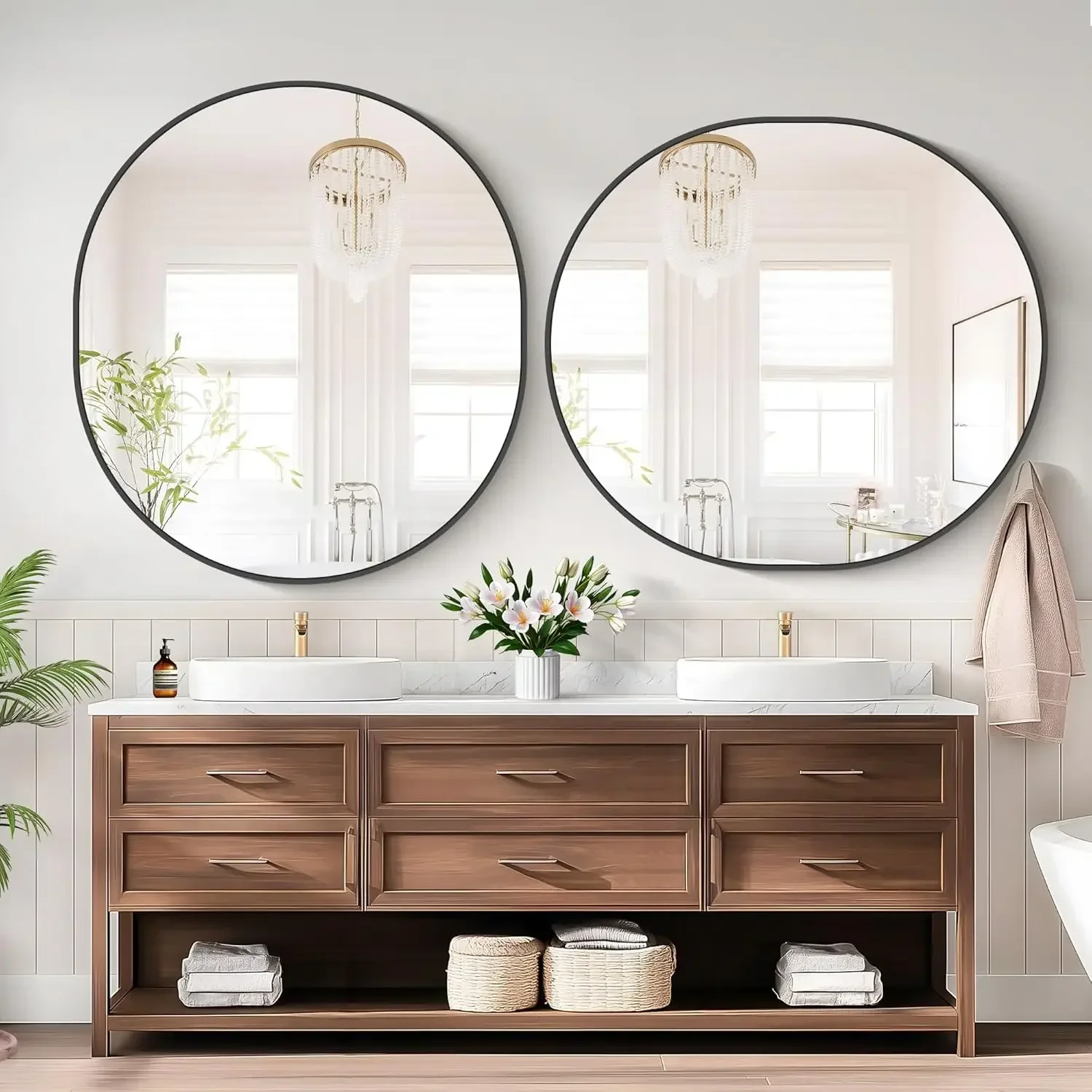 

Зеркало овальное черное 36x40 дюймов для ванной комнаты, настенное зеркало в черной металлической раме для спальни