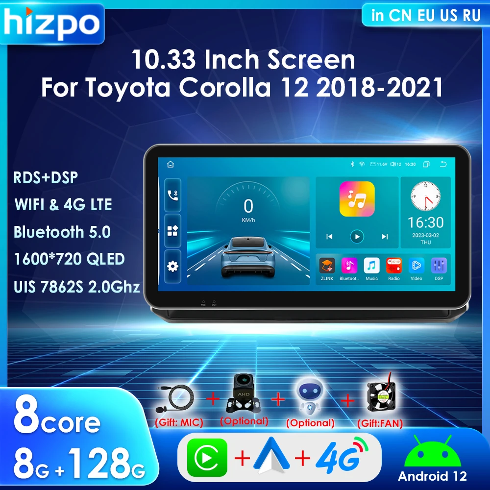 HIZPO Android 12 for Toyota Corolla 2018 - 2021 Carplay Screen 10.33