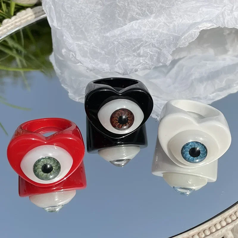 

Gothic Punk Colorful Love Heart Evil Eye Resin Acrylic Rings For Women Funny Candy Color Lucky Eye Finger Ring Jewelry