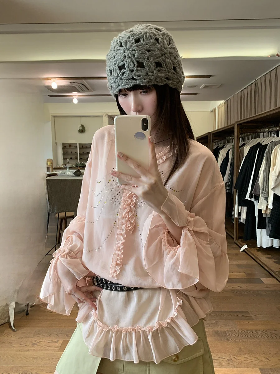 

Рубашка с защитой от солнца, блестящими стразами, тонкими длинными рукавами, V-образным вырезом и кружевной отделкой, в непринужденном стиле, из смесового хлопка и полиэстера, в милом стиле