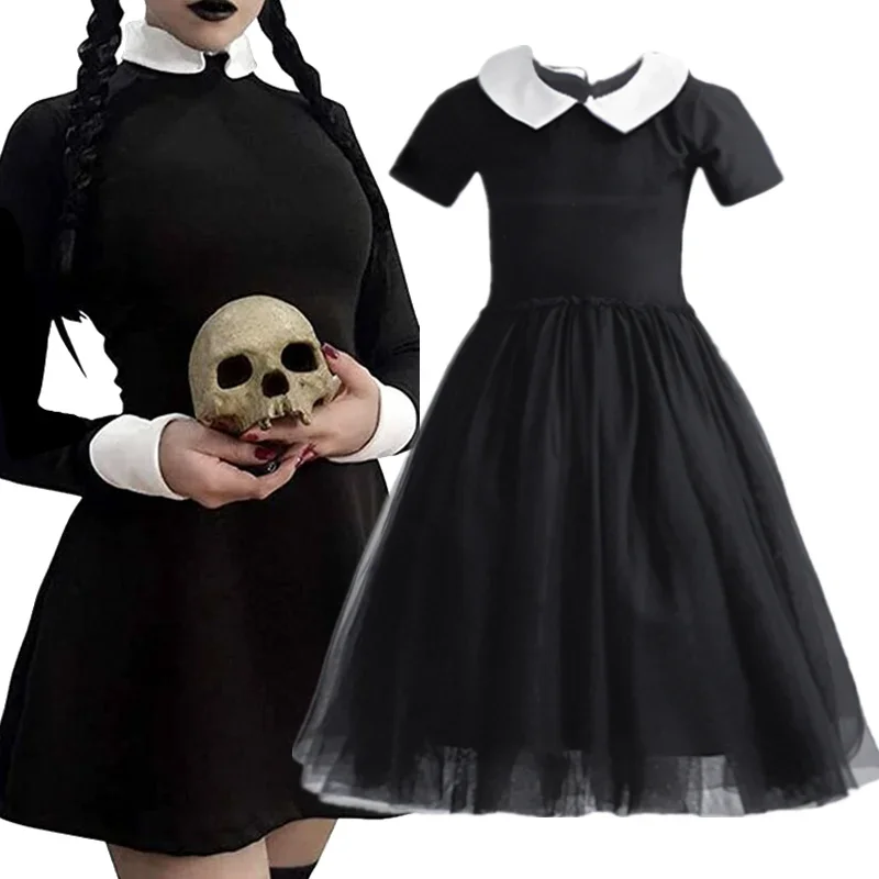 Wednesday Addam Girls Costume for Kids Gothic Black Gothic Halloween Carnival Cosplay Costumes White Doll Collar Children Dress