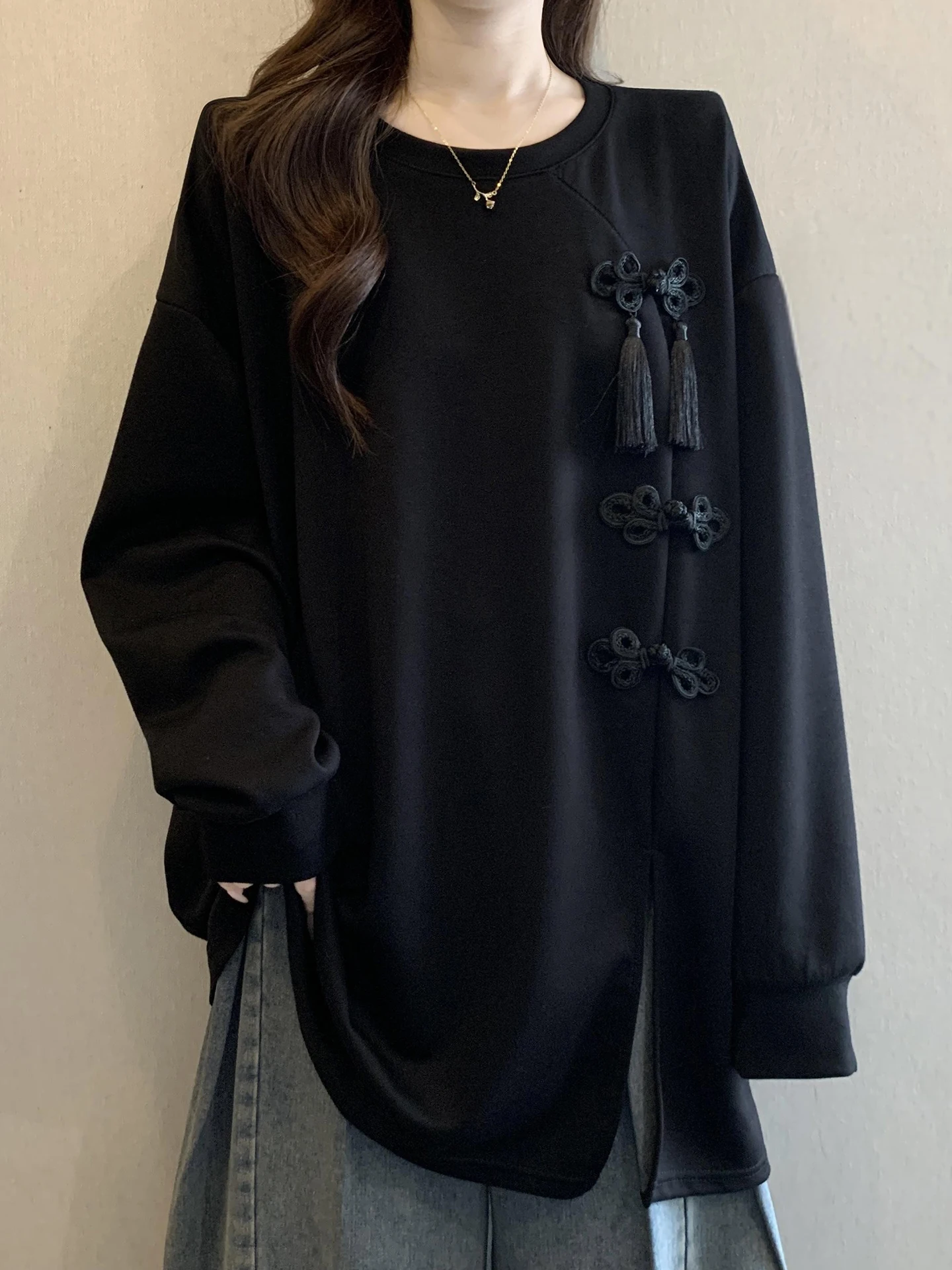 

Новая китайская женская футболка с длинным рукавом, весенняя модная модель больших размеров, с круглым вырезом, дышащая, комфортная.