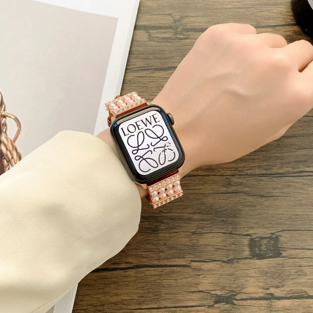 Leather Strap with Diamond and Pearls for Apple Watch Band 45mm 41mm 44mm 40mm 42mm 38mm Women Bracelet for iWatch 876543SE Belt