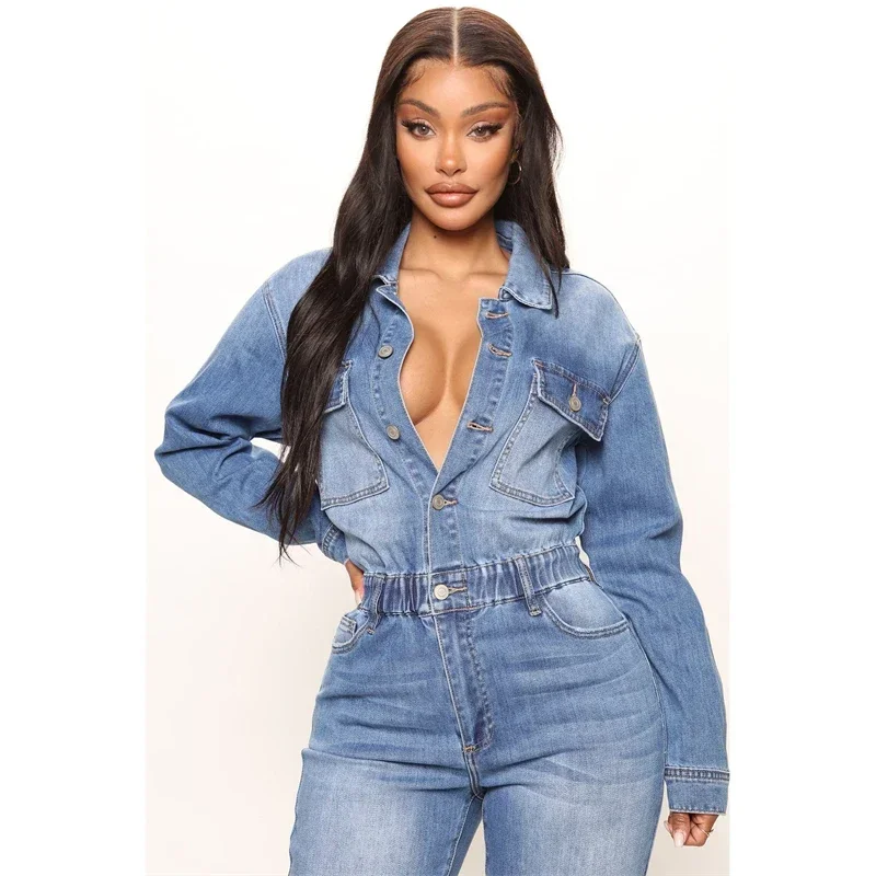 2024 Autumn Winter Fashion High Stretch Cotton Skiny Full Length Jeans Jumpsuit Women Long Sleeve Denim Jumpsuits Romper Overall