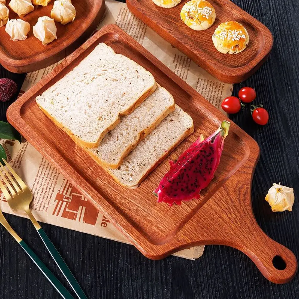Natural Ebony Serving Tray With Handle Rectangular Wood Board For Pizza Steak Bread Modern Kitchen Tableware Display