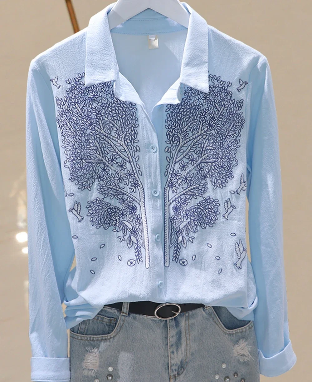 Cotton Flower Embroidery Women Shirts Blouses 2024 Autumn Fashion Long-Sleeved Solid Office Lady Elegant Shirt Top Blue White