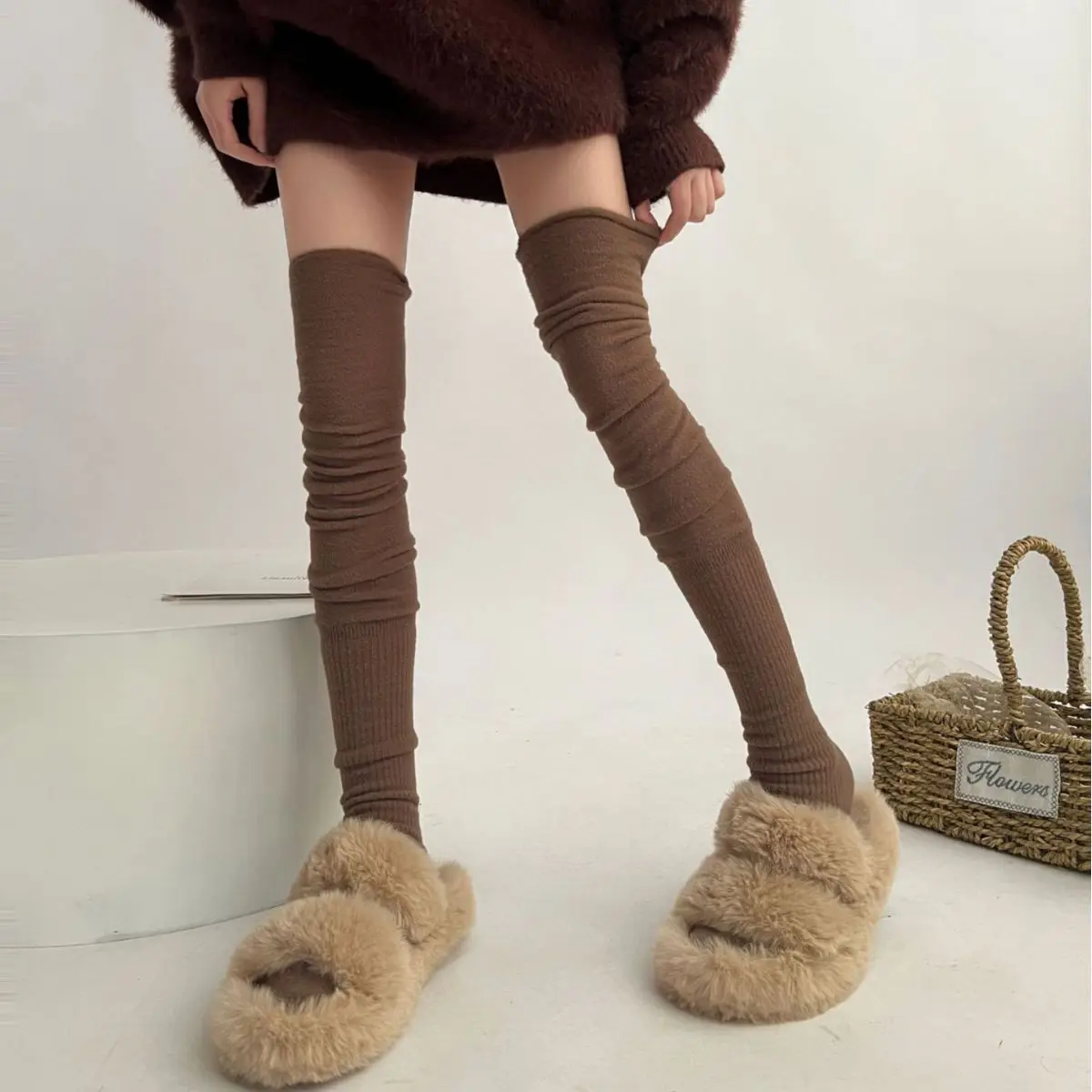 

Winter Plush Warm Lolita Over Knee Stockings Japanese Loose Socks Patchwork Thickening Lengthening Hottie Sexy Thigh Highs