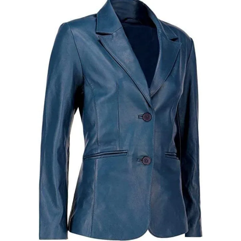 Women's Workwear Coat Real Genuine Lambskin Leather Blazer Blue TWO BUTTON URBAN