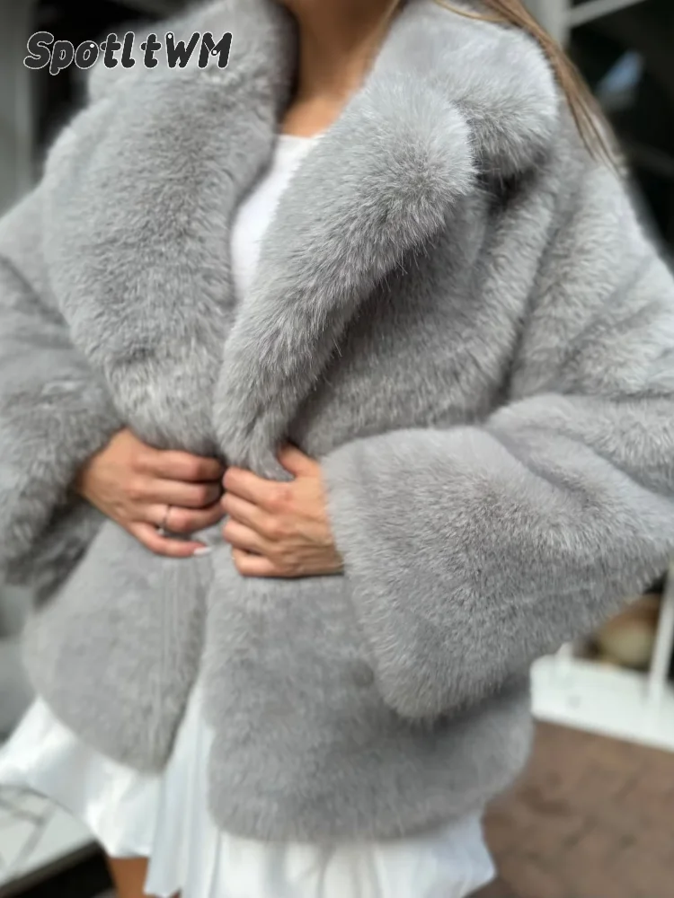 Women's Solid Faux Fur Long Sleeve Cropped Coat Lapel Open Front Fluffy Warm Jacket Winter Female Luxury Casual Lady Outerwear