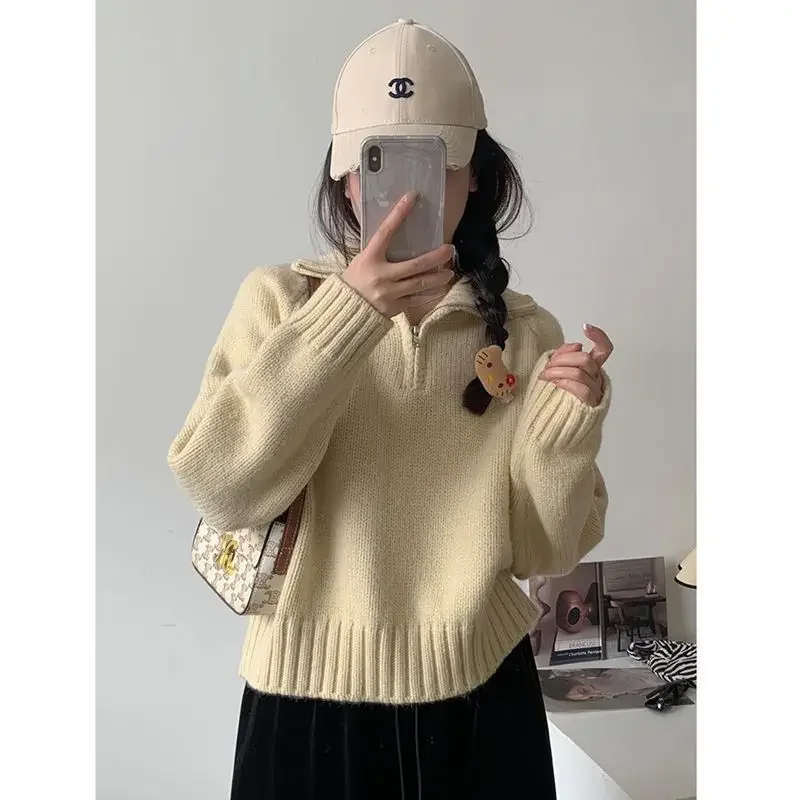 

Autumn Winter New Arrival Top Fashion Polyester Fib Loose Lazy Style Women's Sweater Half Zipper Stand Collar Thick Korean Style