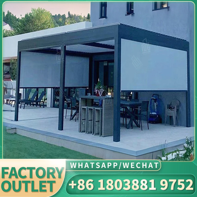 Electric roof iron motorised 5x5 bioclimatic retractable smart shades aluminum pergola with sliding glass manual pergola 3x4 5x4