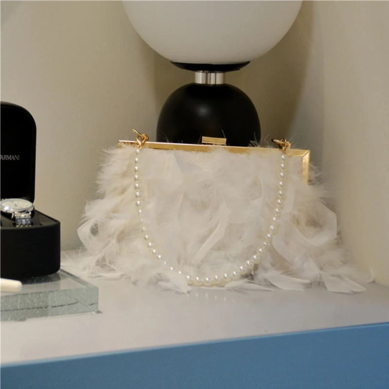 Women Ostrich Feather Clutch Bag Evening Handbag with Detachable Chain Strap E74B