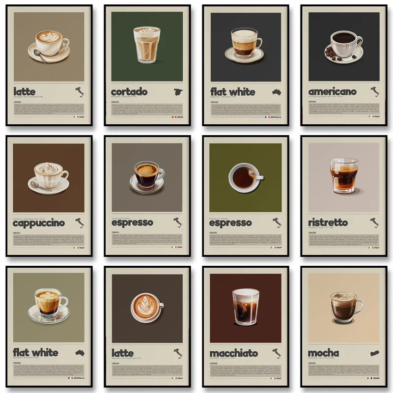 Minimalistisches Kaffee-Kunstposter, Flat White, Macchiato, Latte, American Coffee Leinwandgemälde, Café-Illustration, Esszimmer-Dekoration