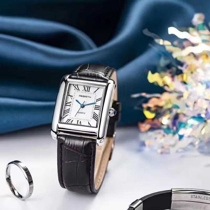 REBIRTH 002 elegante reloj de cuarzo para mujer esfera cuadrada Simple correa de cuero relojes de negocios impermeables para mujer relojes de mujer