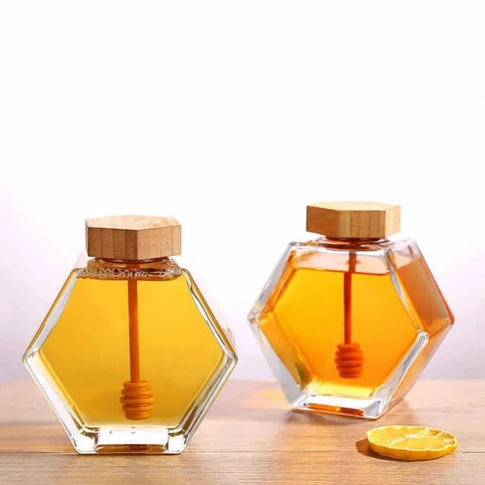 Hexagonal Glass Honey Bottle with Wooden Honey Pot Stirring Rod Sealing Clear Jam Jar Kitchen Home Storage 100/220/380ML