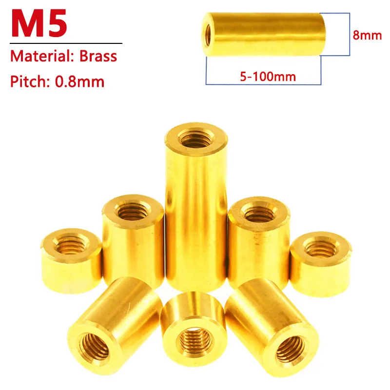 2pcs M5 Brass Round Coupling Nut Female Thread Cylindrical Stud Standoff Sleeve Double Pass Hollow Pillar Width 8mm L=5-100mm