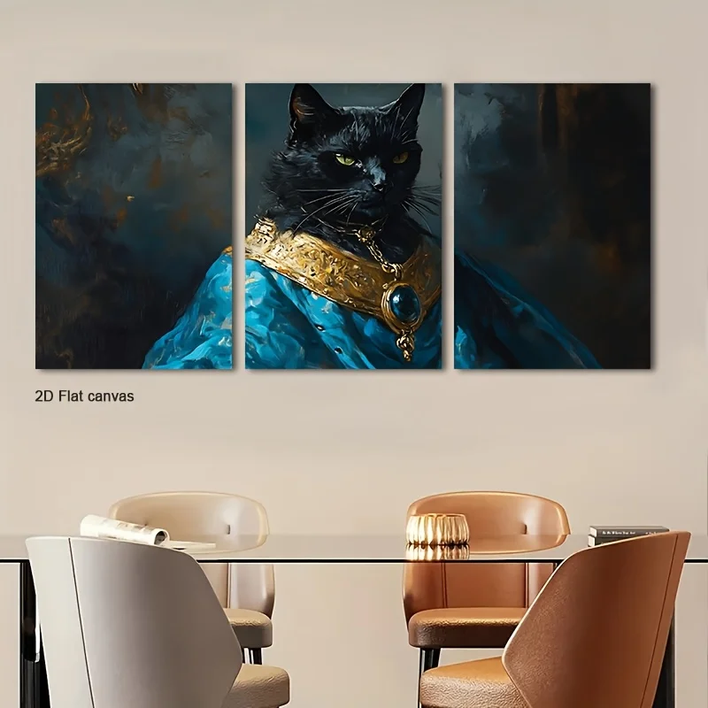 Frameless canvas [2D Flat] 3pcs Regal Black Cat In Blue Golden Robe Canvas Wall Art | Suitable For Room, Office, Home, Wall A