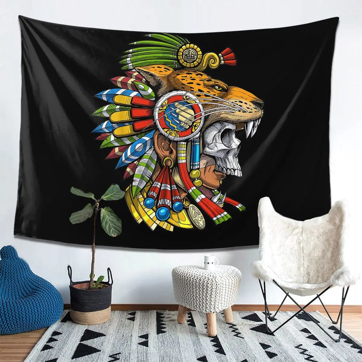 Cráneo azteca, máscara de guerrero Jaguar, mitología maya, máscara azteca, tapiz, decoración, arte, tapices estéticos, tela de pared para el hogar, colgante de pared