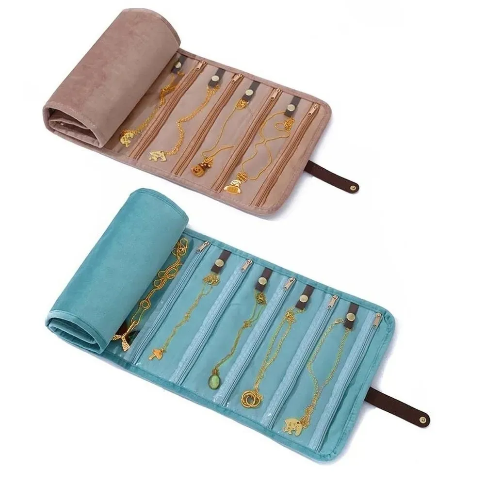 

Roll-Up Style Jewelry Organizer Multi-pocket Zipper Anti-lost Jewelry Storage Pouch Flannel Foldable Storage Bag