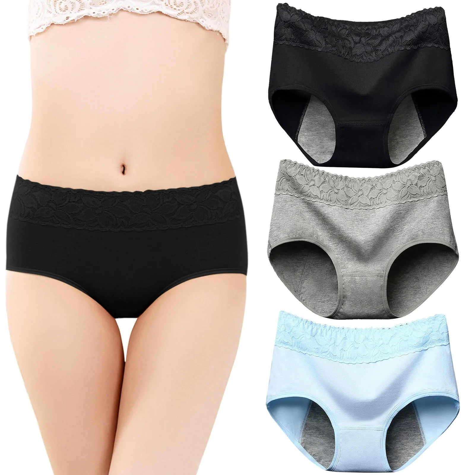 

Women's 3pc Menstrual Underpants Solid Color Lace Patchwork Sexy Panties Mid Waist Comfortable Breathable Briefs For Women