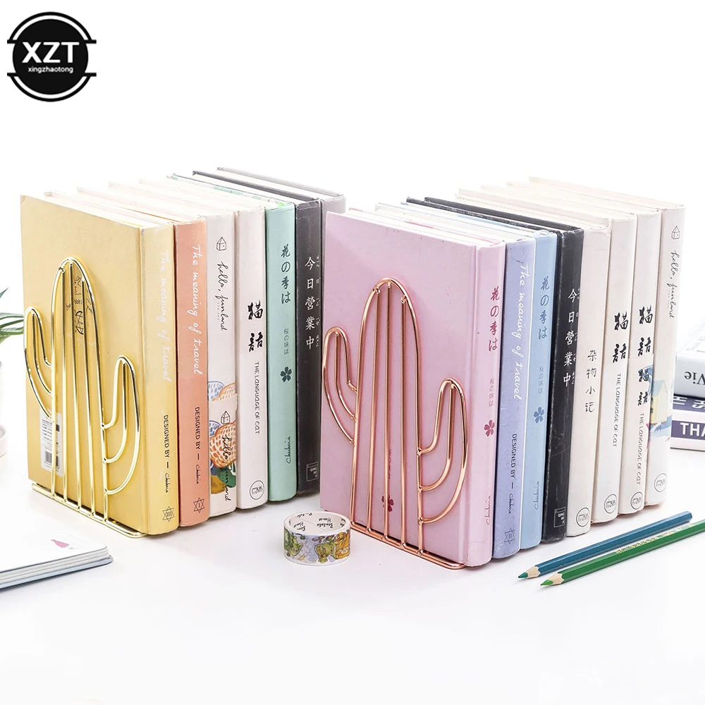 Set of Two Bookends Cactus Shaped L-shaped Book Support Stand Creative Iron Desktop Art Non Slip Rack Shelf Holder School