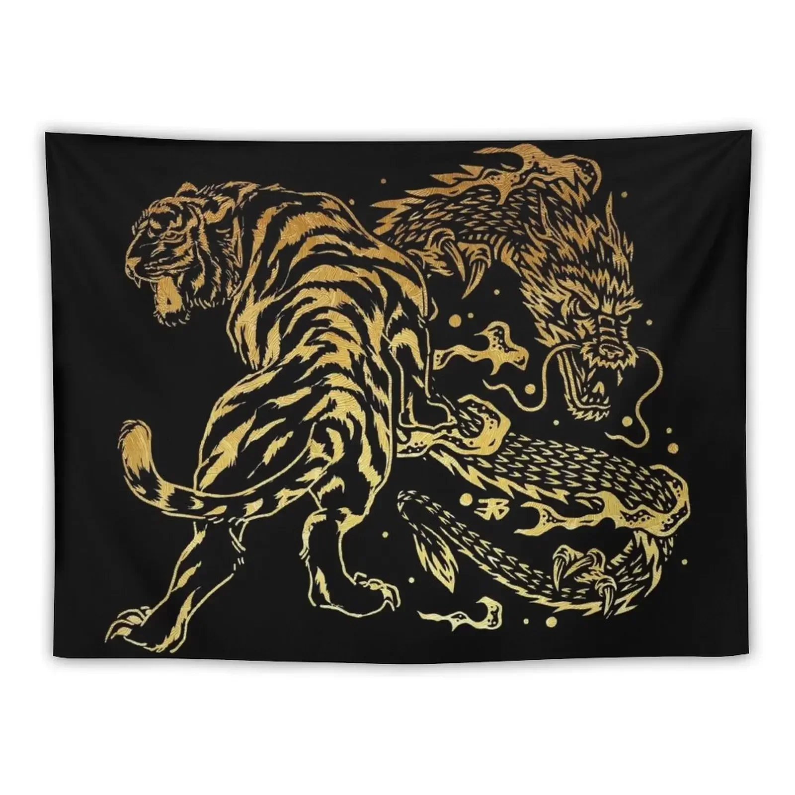 Tiger and Dragon Yin Yang Tattoo Style Gold Print Tapestry Home Decorations Wall Hanging Wallpapers Home Decor Tapestry