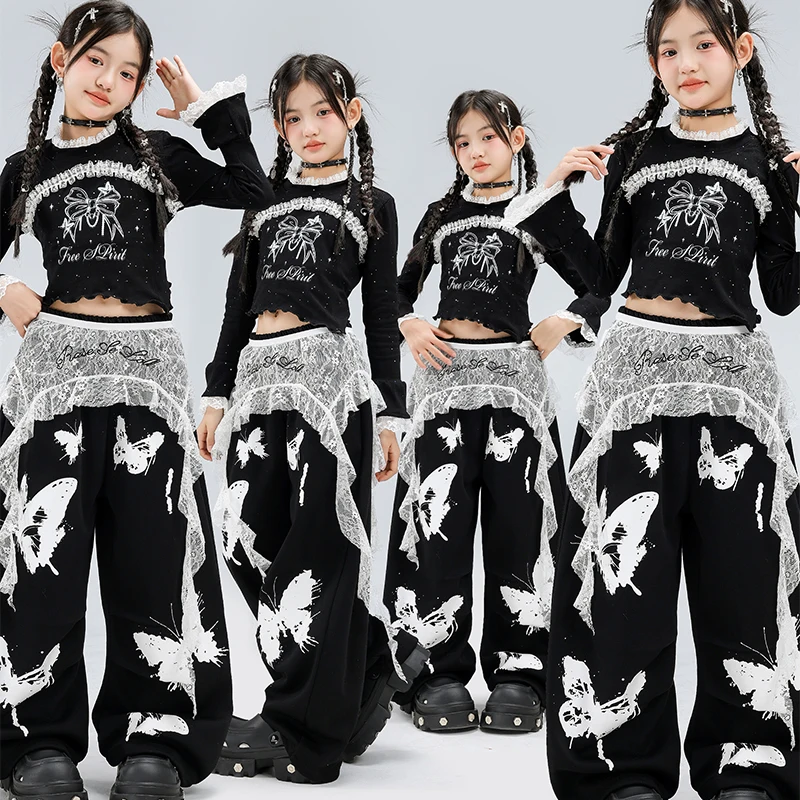 

Комплект детской уличной одежды в стиле хип-хоп для девочек: модный укороченный топ в стиле K-pop, брюки-карго с граффити, костюмы для танцев и джаза