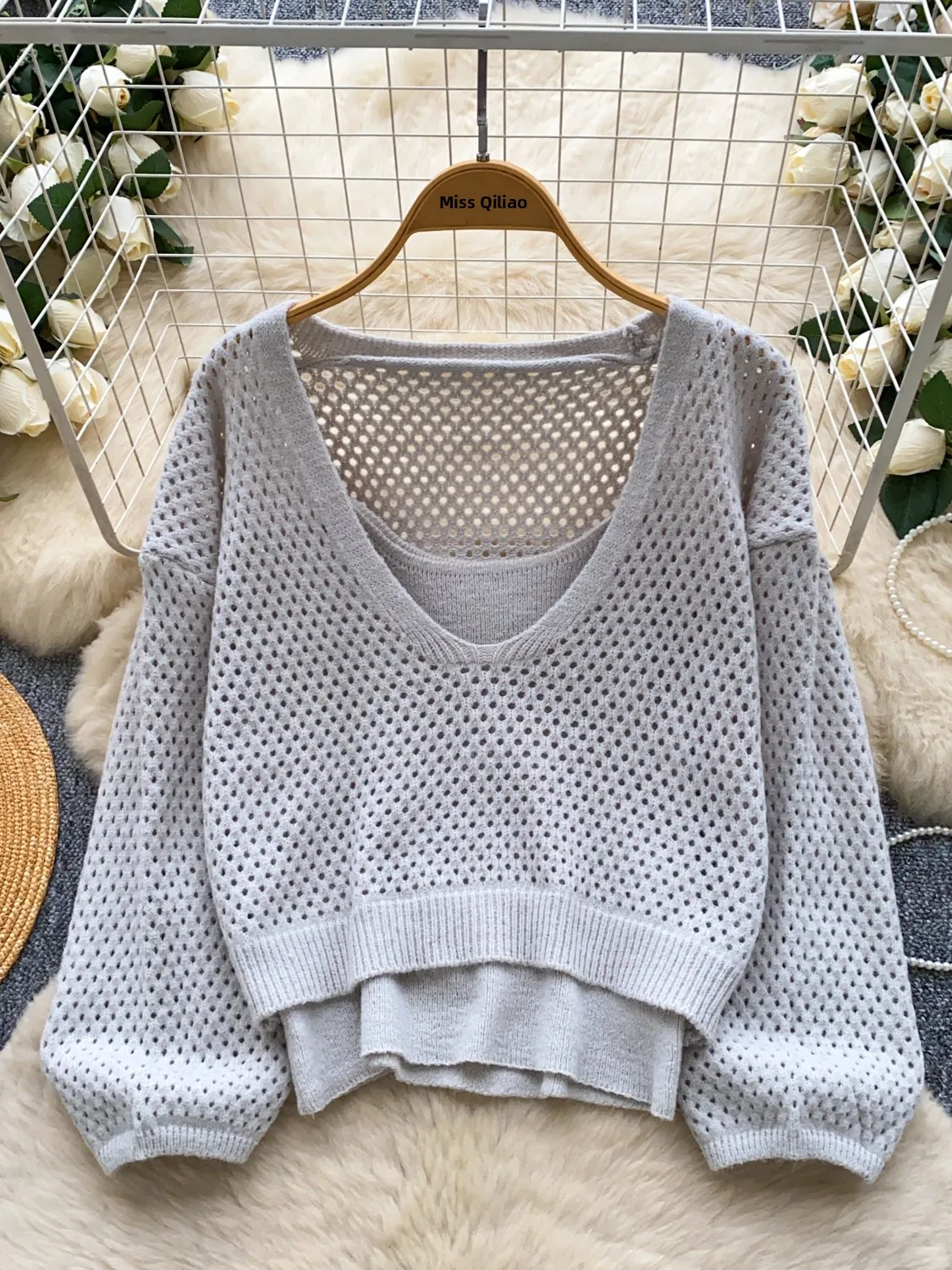 

Уникальный вязаный комплект в стиле ретро, женская свободная верхняя одежда Bubble Sve, свитер с v-образным вырезом, жилет, осенняя модная повседневная рабочая одежда