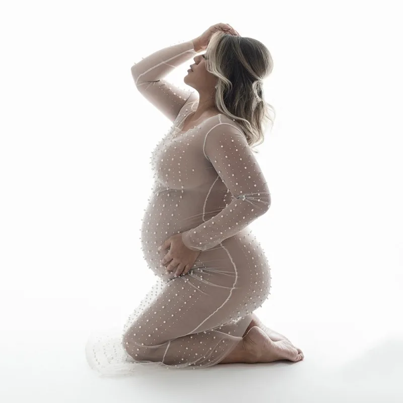 Maternity Photography Dress Sexy Pearl Lace Tulle Dress Women Pregnancy Robe Photo Shoot Props Bikini Cover-up Female Beachwear
