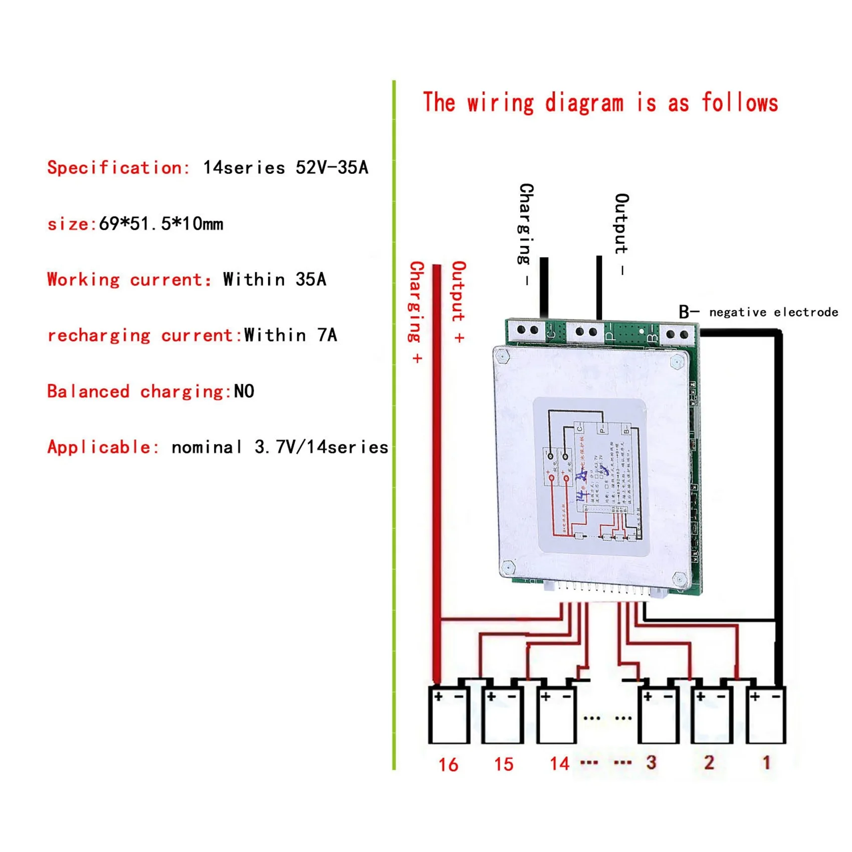 14S 52V 35A Protection Board Li-Ion Lipolymer Battery BMS PCB Board for E-Bike