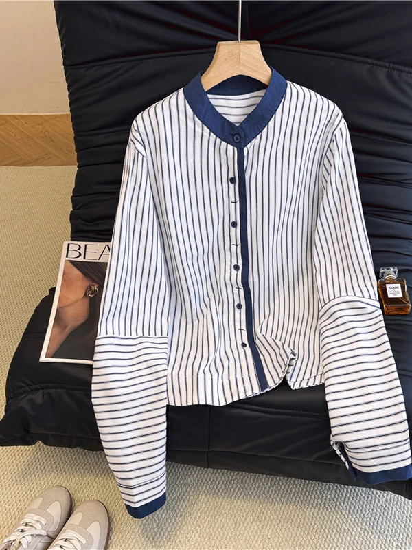 

Women's Casual Stripe Long Sve irt Thin Summer round Ne Slimming Top Lantern Design Loose Fit Cotton Polyester Blend