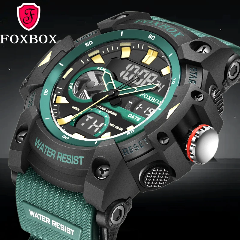 

FOXBOX Спортивные часы Мужские цифровые часы с двойным дисплеем Секундомер Ударопрочные водонепроницаемые силиконовые часы для мужчин Модные наручные часы