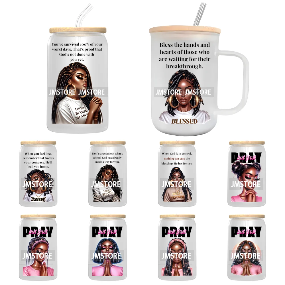 

Blessed Afro Girls Praying Hands UV DTF Decals Ready To Apply Waterproof Transfer Stickers DIY Crafts For 16OZ Libbey Glass Can