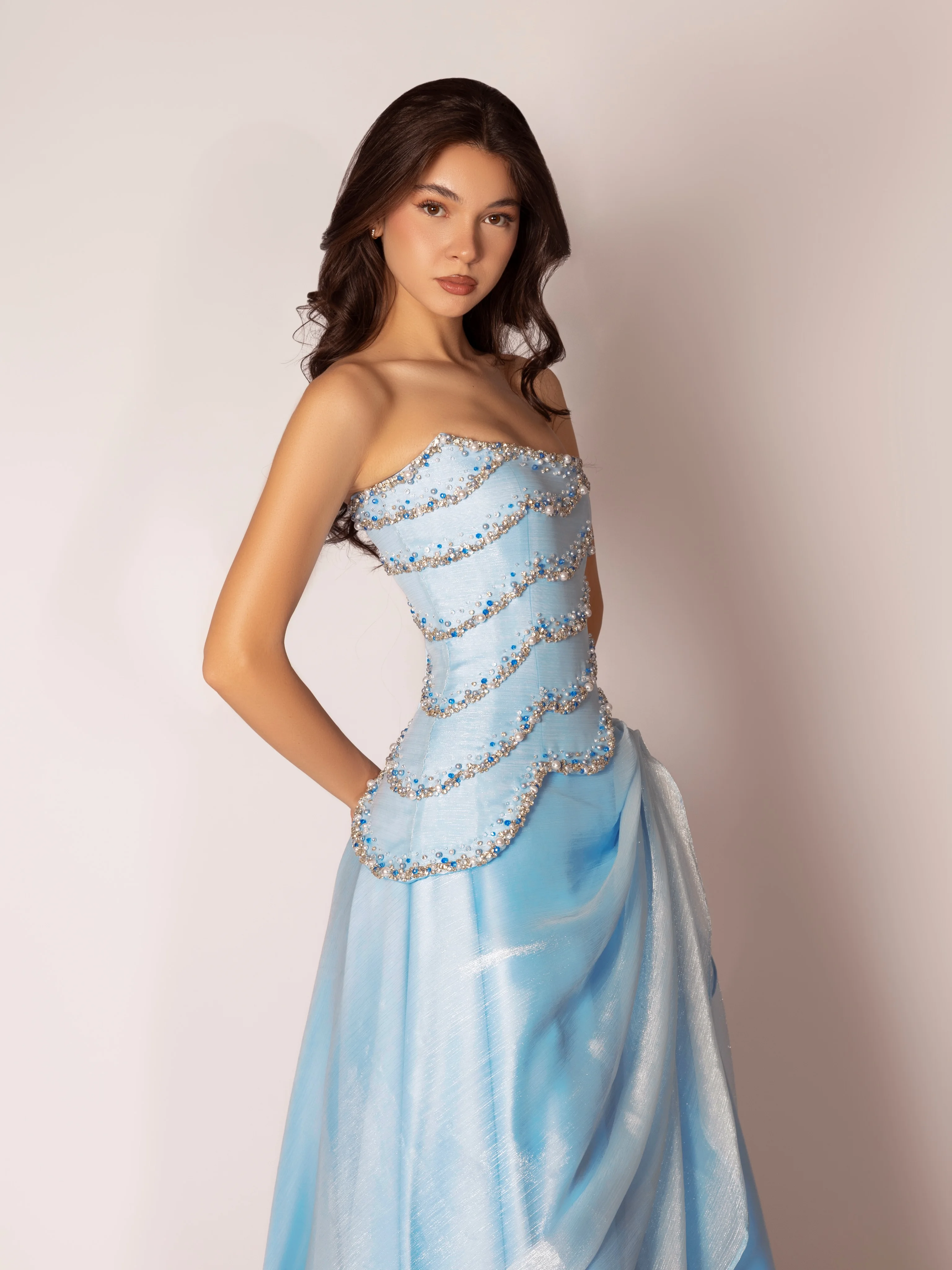 LumiGown Custom Wave Rhinestone Corset Gown Strapless Sky Blue Draped Two Layer Satin Mermaid Crystal Corset Two Tone Prom Dress