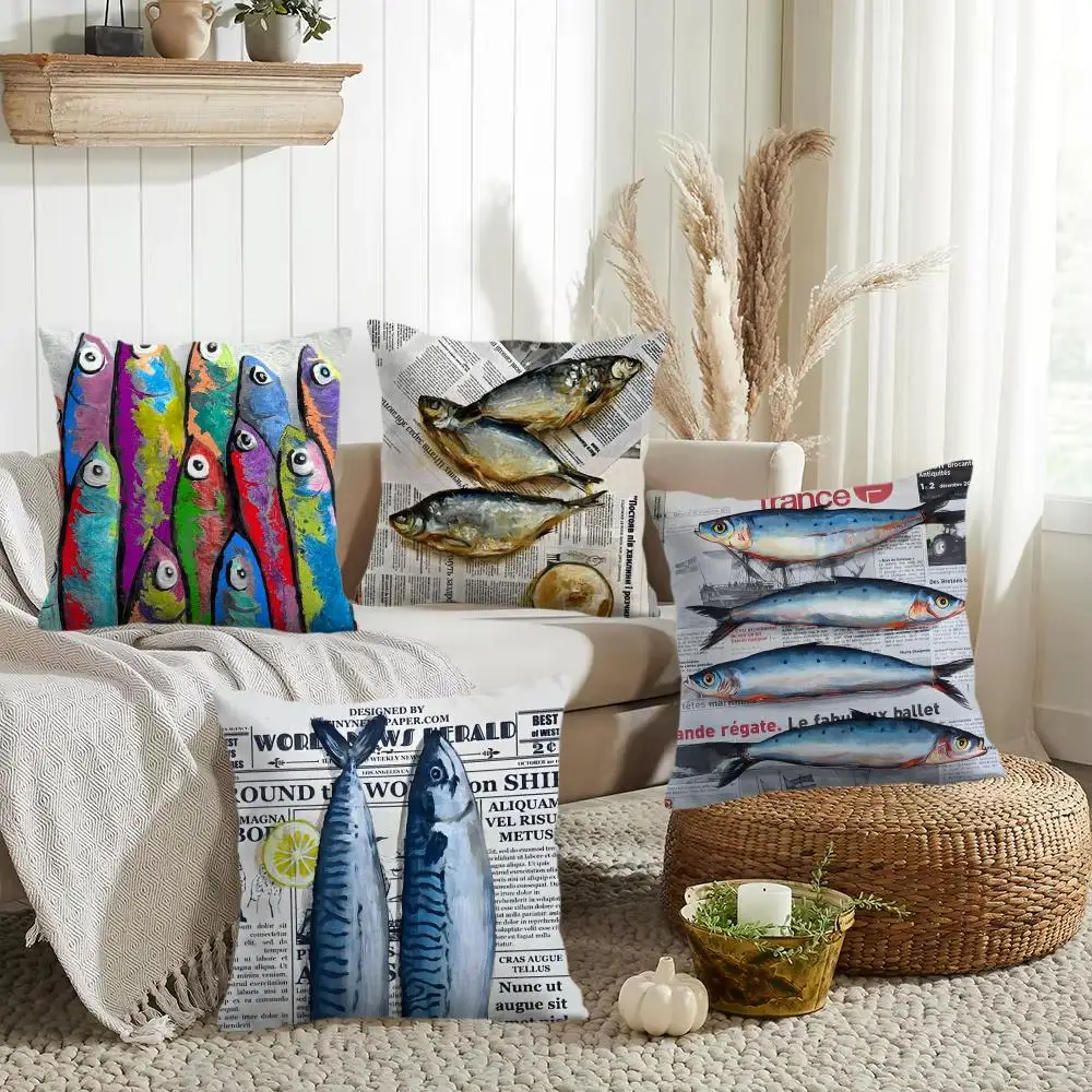 Colorful Sardine Lobster Cushion Cover Double-Sided Printed Organic Linen Pillow Cover, Decorative for Sofa Home