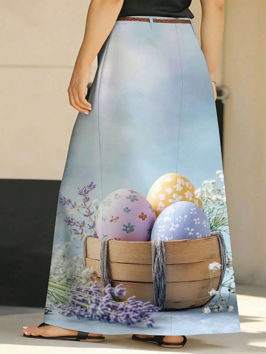

Plus Size Women Straight Cut Skirt With Pockets Easter Egg And Floral Print Casual Vacation Style