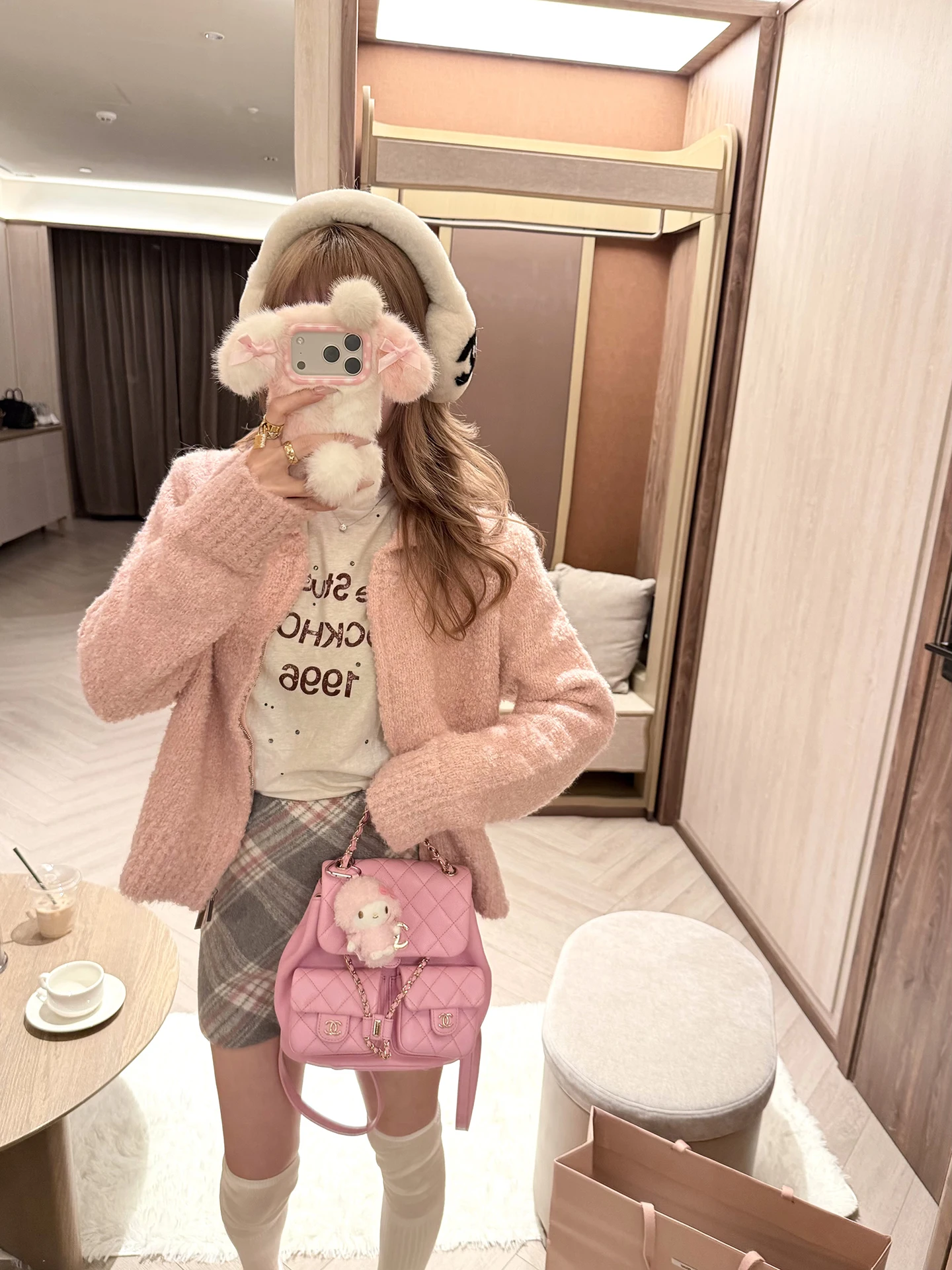 

XinDaily Korean Sle Furry Collar Sweater And Plaid Skirt Set Women's Faion Autumn Winter Casual Wear Polyester Fiber