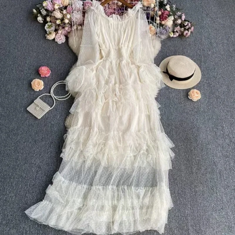 Summer Fashion Cake Mesh Party Dress Women Off The Shoulder Tierred Elastic Sundress Polka Dot Maxi Dress Y2k Bohemia Vestidos