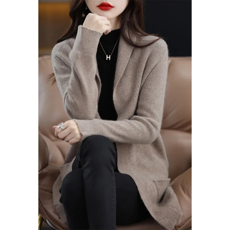 2021 Spring Winter/ Autumn New Fashion 100% Wool Cardigan Women\'s Long Sleeve Knitted Jacket Coat Cashmere Sweater Standard