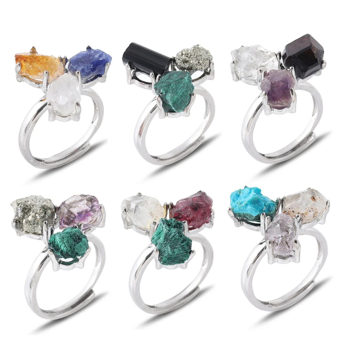 

New Style 3 Claw natural Stone crystal Ring Tourmaline Blue ApatiteWomen Men Punk Ethnic Jewelry Accessories Gift