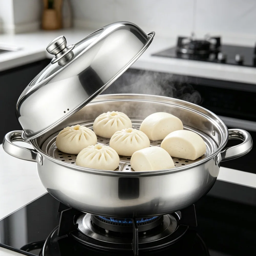28cm Double Layer Stainless Steel Cooking Pot, Steamer & Hot Pot 2 in 1, Thickened Bottom, Anti-scald Handles for Family Kitchen