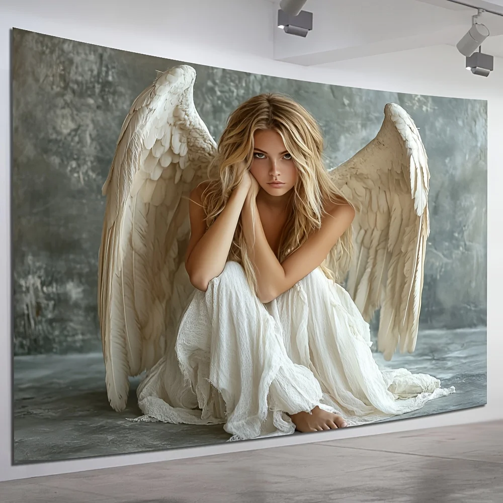 Angel Wings Tapestry, Woman with White Feathered Wings, Fantasy Art Wall Hanging for Living Room Bedroom Decor