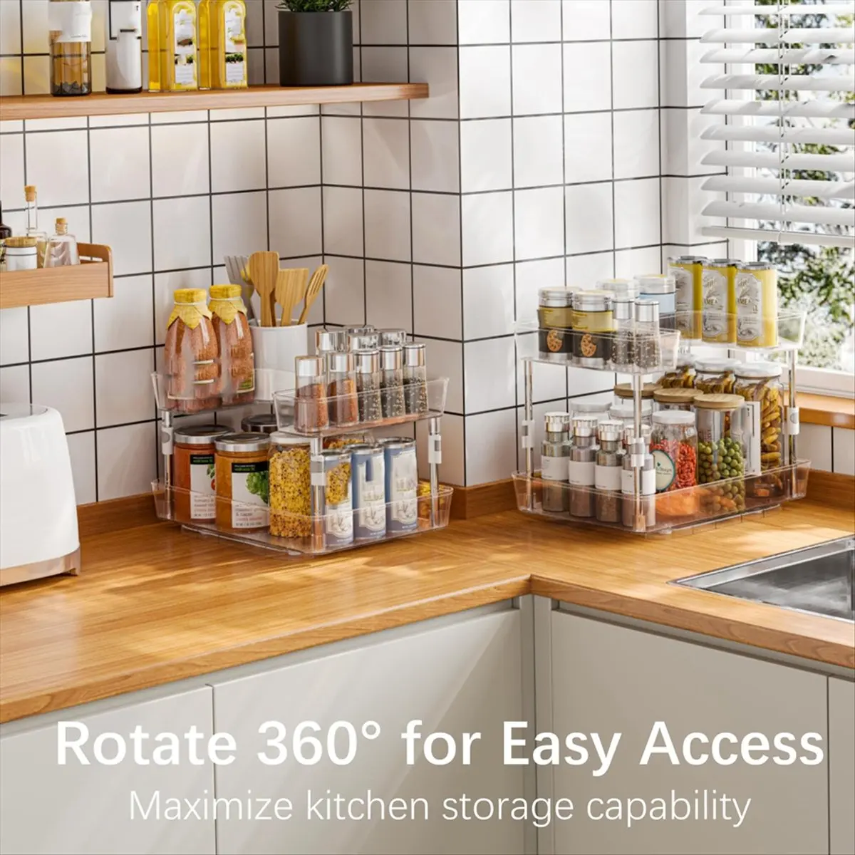 ABVS Double-Layer Rotating Rack Multi-Function Rotating Rack for Home Kitchen Height-Adjustable Rack with Hooks Two-Pack