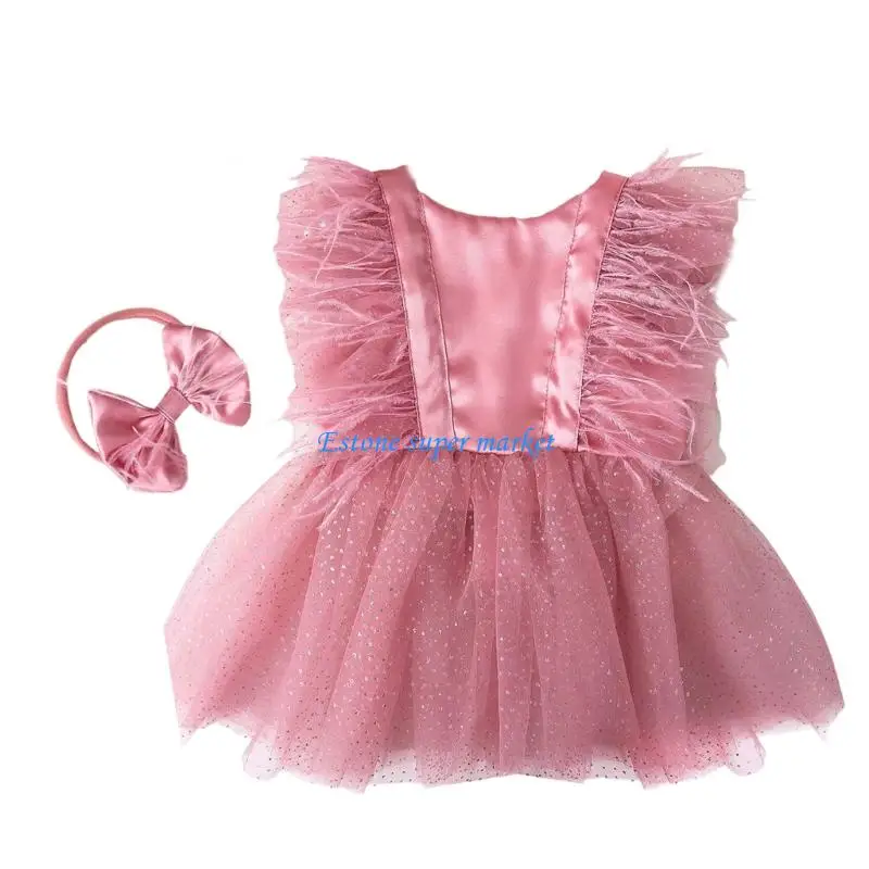 

090B Soft Lace Romper Outfit for Infant Photoshoots 0-3 Month with Matching Headband