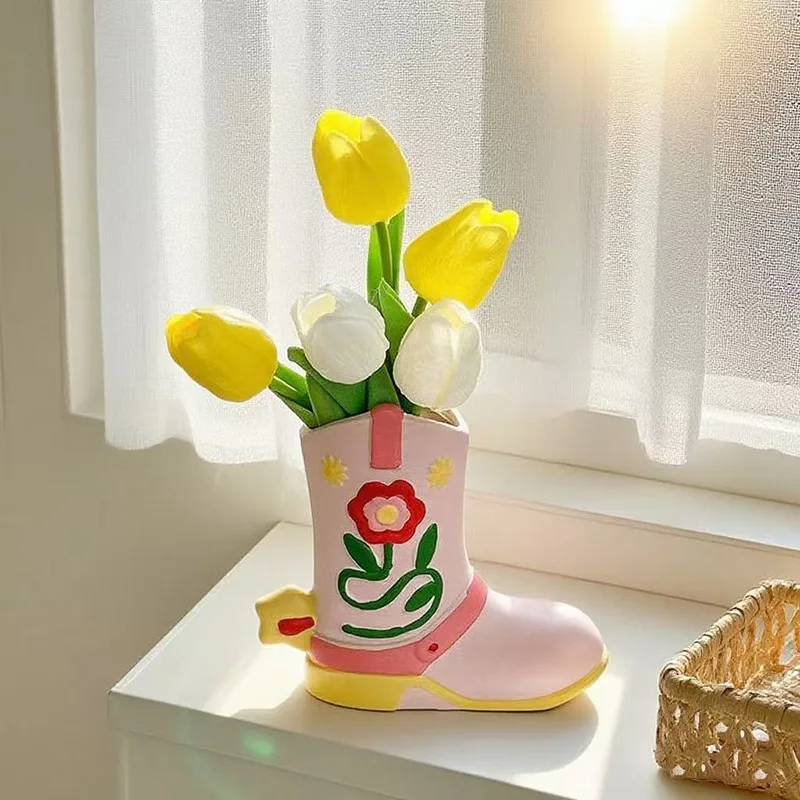 Art hand-painted flower boots vase living room study desktop creative high-end flower arrangement home decoration ornament