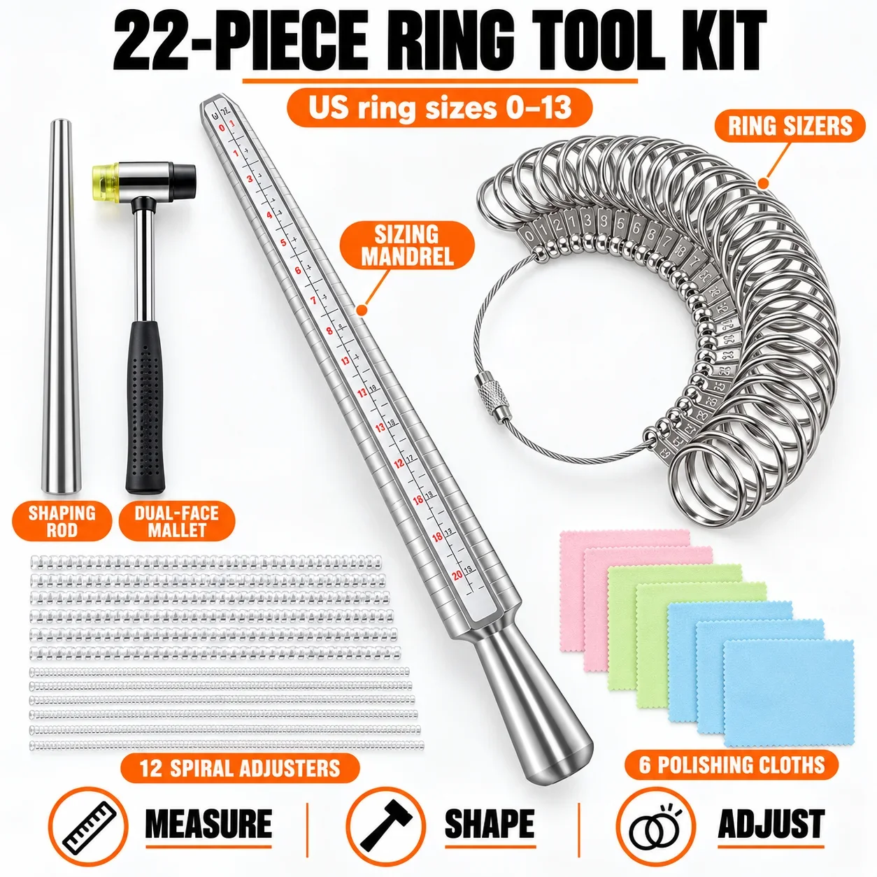 Ring Sizer Mandrel Kit US Size 0-13 Ring Gauge Finger Sizing Shaping Straightening Repair Tool for Jewelry Making DIY Craft Shop